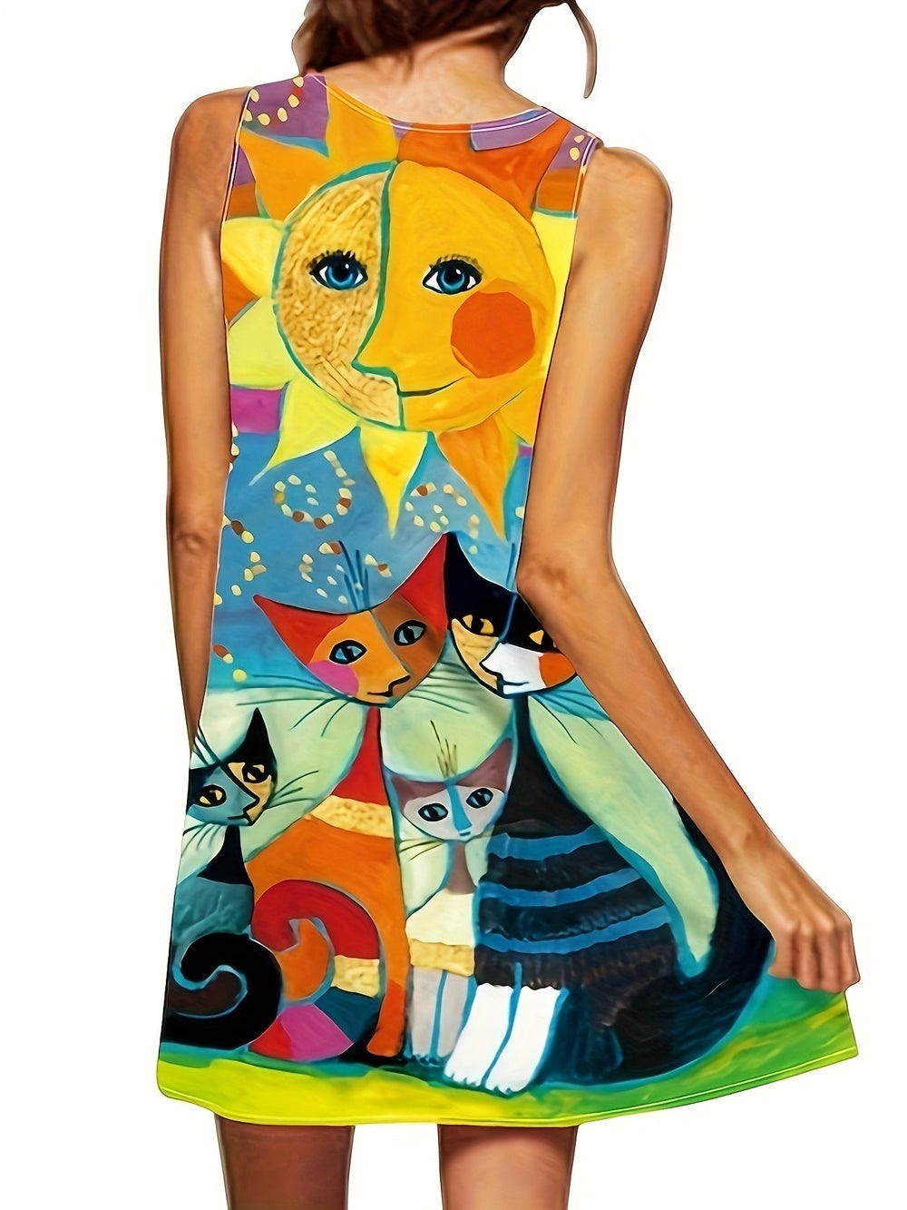 Women's V-Neck Sleeveless Printed Flared Midi Dress